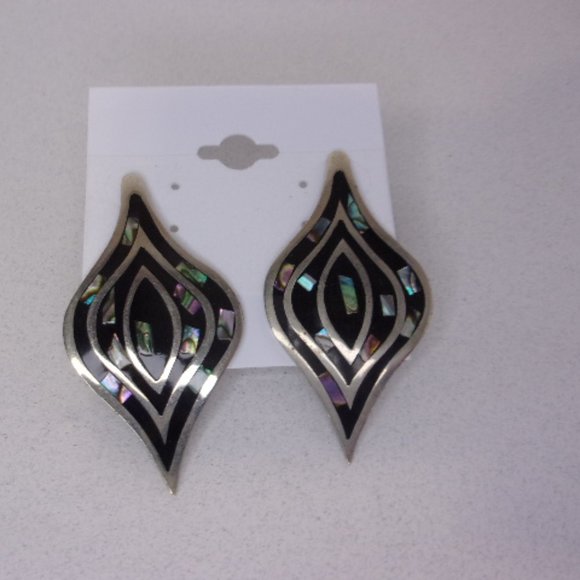 Southwest Style Shell Inlay Silver Pierced Earrings Mexico - Picture 7 of 8